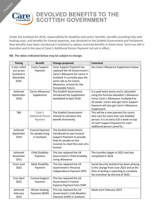 Devolved Benefits to the Scottish Government